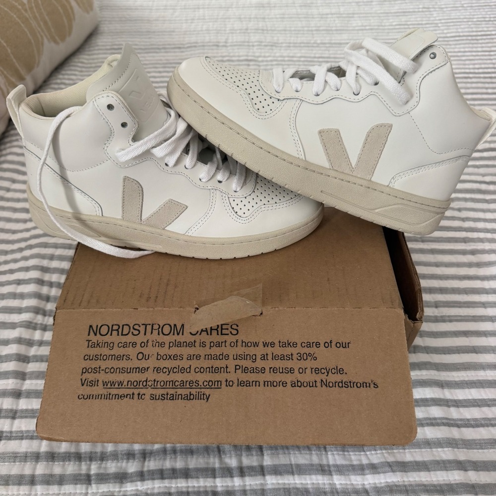 Veja V-15 Leather High Top Sneakers White Natural Pierre Womens 7